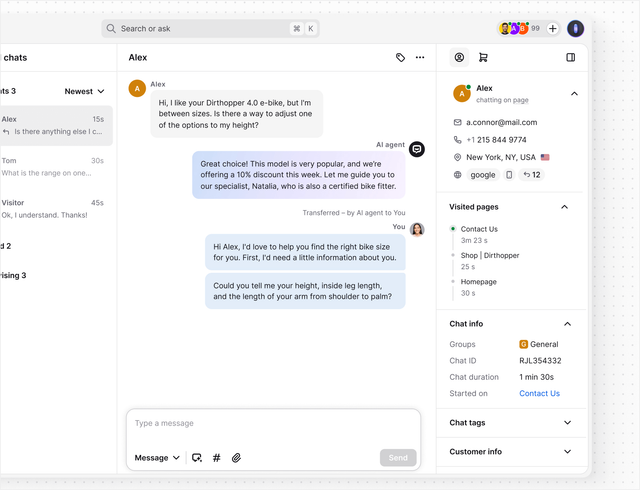 AI live chat in Text App for marketing automation
