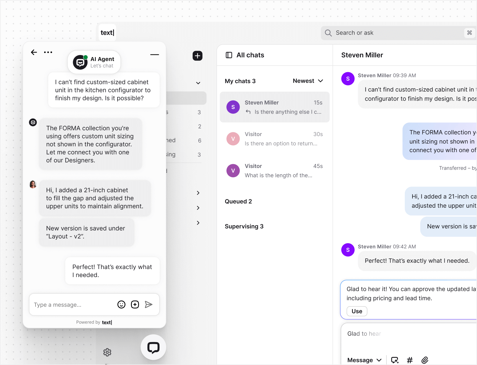 AI live chat in Text App for marketers
